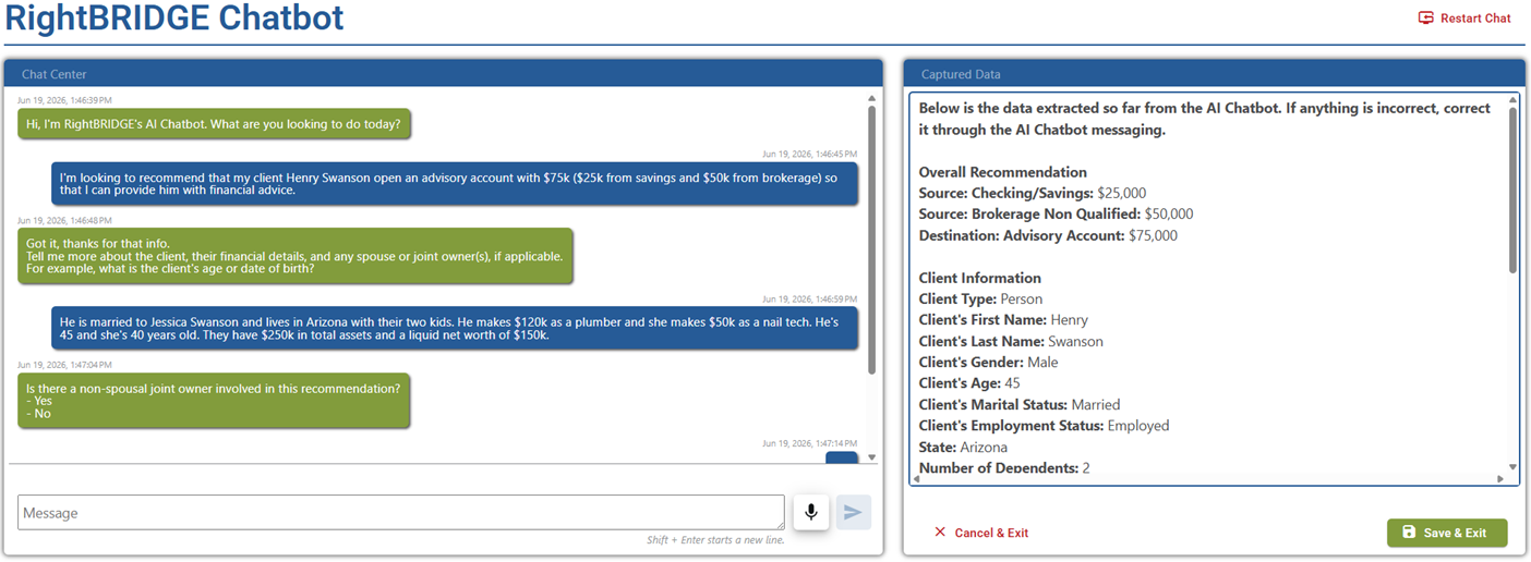RightBRIDGE+ AI Chatbot - Two-pane view with chat on the left and captured data on the right